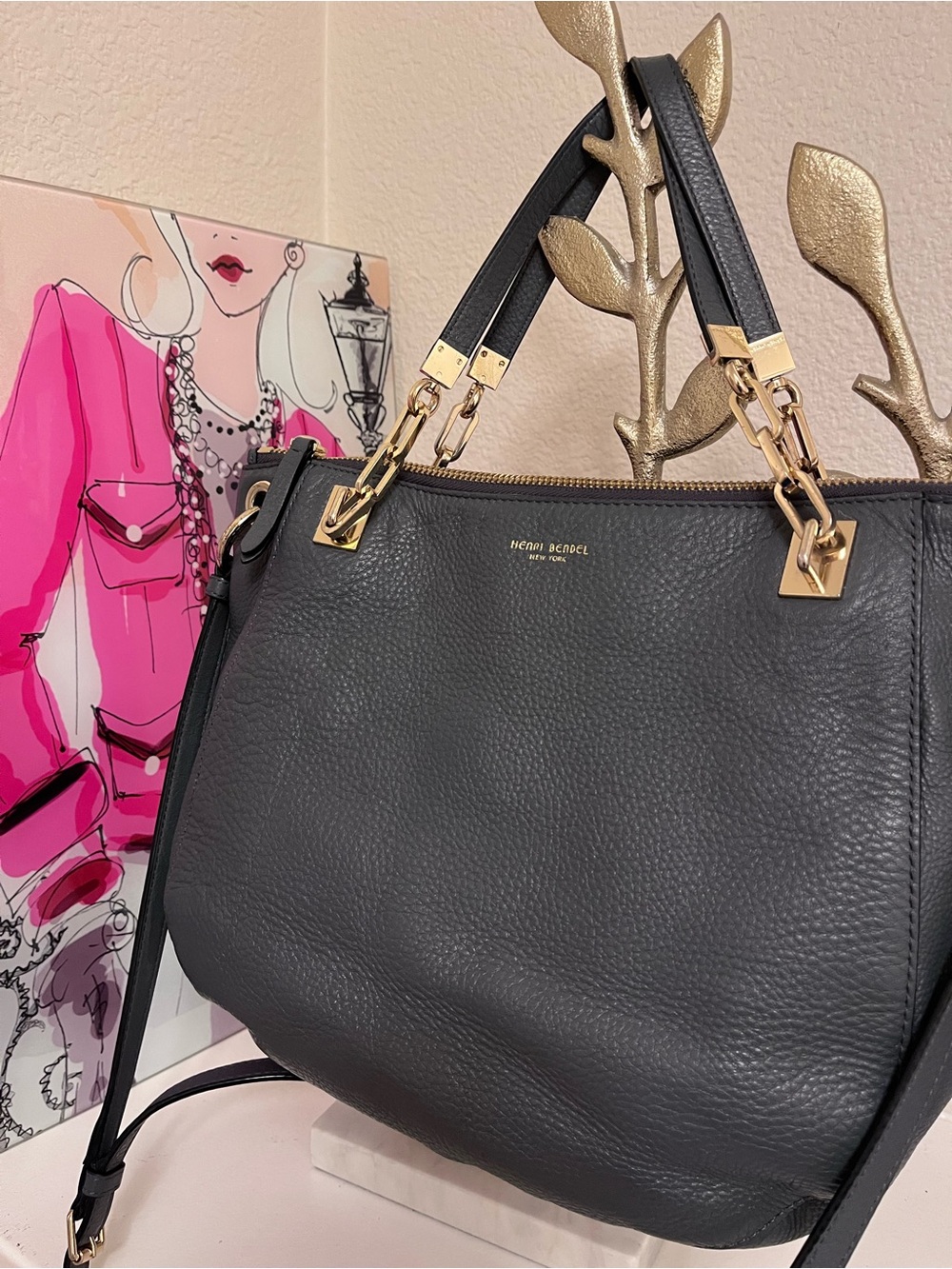 Henri Bendel New York Slate Blue Leather Tote with Chain Crossbody Strap